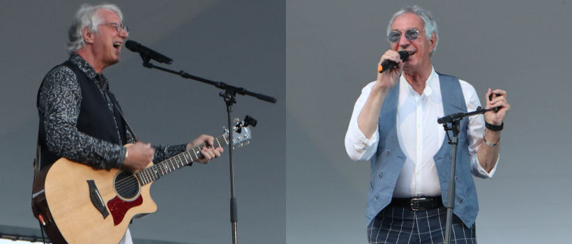 Zweigeteiltes Bild: Links Maurizio stehend von der Seite, mit Gitarre am Mikrofon singend - Rechts Guido frontal mit Mikrofon in der Hand, ebenfalls singend