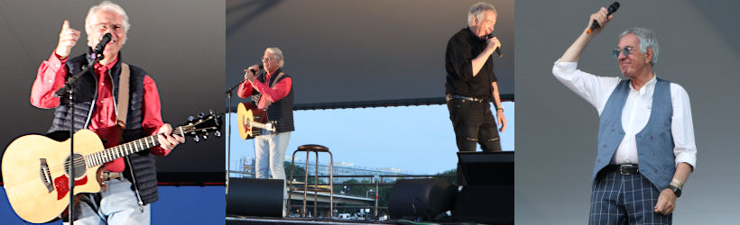 Dreigeteiltes Bild: Links Maurizio, der mit der rechten Hand in die Kamera zeigt und lacht, in der Mitte die beiden Brüder singend während eines Songs, rechts Guido, der sein Mikrofon in die Luft hält