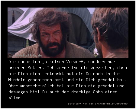 Dir mache ich ja keinen Vorwurf, sondern nur unserer Mutter. Ich werde ihr nie verzeihen, dass sie Dich nicht ertränkt hat als Du noch in die Windeln geschissen hast und sie Dich gebadet hat. Aber wahrscheinlich hat sie Dich nie gebadet und deswegen bist Du auch der dreckige Sohn einer alten...