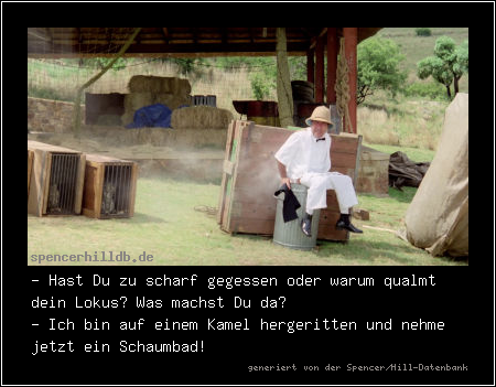 - Hast Du zu scharf gegessen oder warum qualmt dein Lokus? Was machst Du da?
- Ich bin auf einem Kamel hergeritten und nehme jetzt ein Schaumbad!