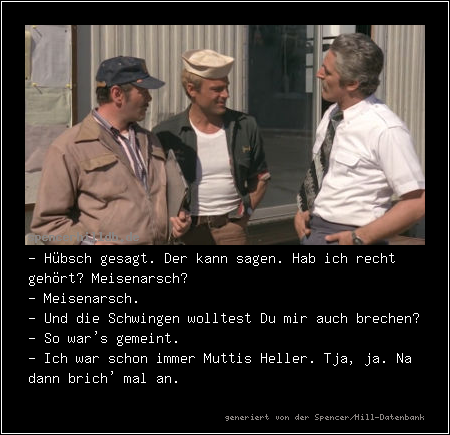 - Hübsch gesagt. Der kann sagen. Hab ich recht gehört? Meisenarsch?
- Meisenarsch.
- Und die Schwingen wolltest Du mir auch brechen?
- So war's gemeint.
- Ich war schon immer Muttis Heller. Tja, ja. Na dann brich' mal an.

