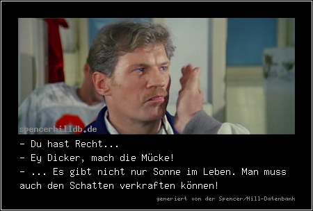 - Du hast Recht...
- Ey Dicker, mach die Mücke!
- ... Es gibt nicht nur Sonne im Leben. Man muss auch den Schatten verkraften können!